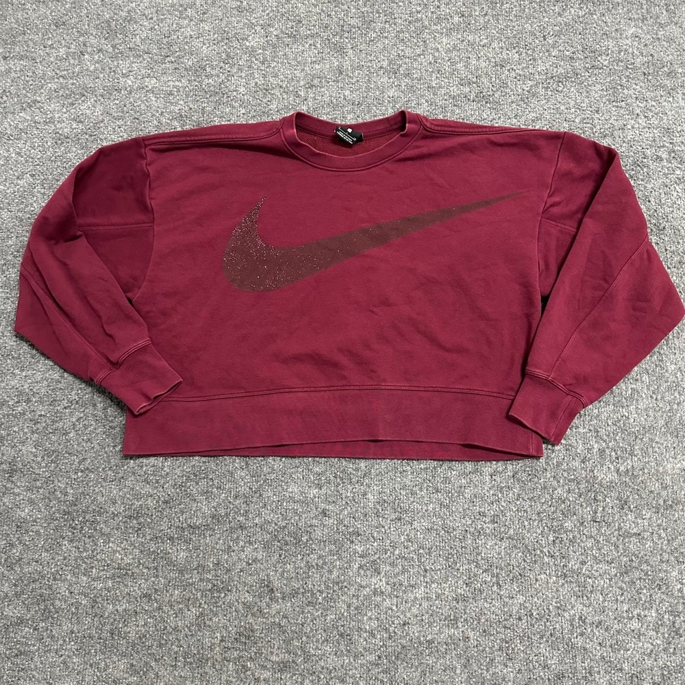 Nike Sweatshirt Womens Size S Maroon Dri-Fit Cropped Glitter Swoosh Pullover